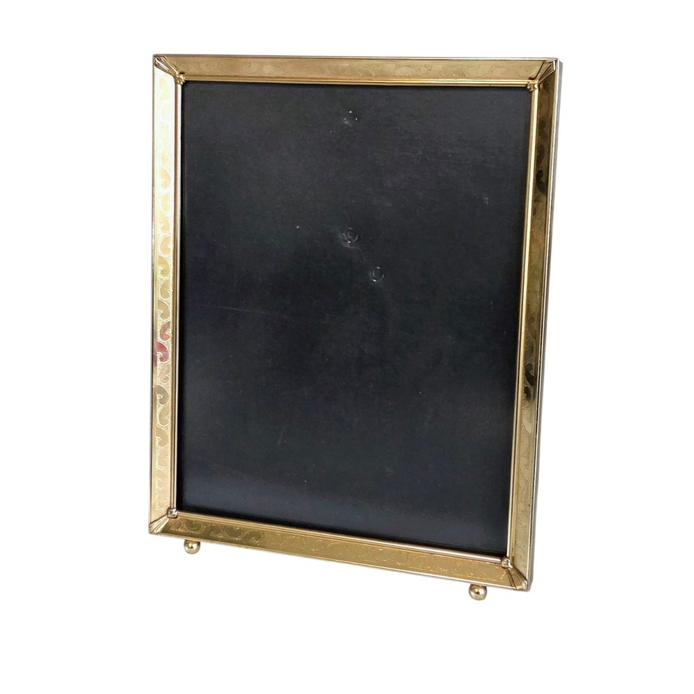 Vintage Etched Scroll Brass Picture Photo Frame 8x10 Shiny Gold Tone‎ Footed MCM